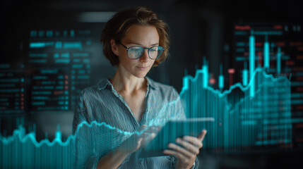 Confident woman analyzing stock market trends on tablet with virtual financial graphics overlay, symbol of modern finance and data-driven strategy fintech interface, investment ins