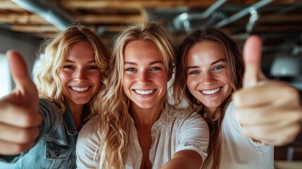 Fototapeta premium In this lively image, three joyful women with bright smiles are giving thumbs up, capturing a moment of friendship and positivity, conveying happiness and connection in everyday life.