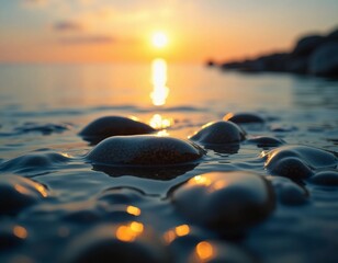 As the sun rises on the horizon, golden light dances upon gentle waves, illuminating smooth stones at the waters edge, creating a tranquil atmosphere Generative AI