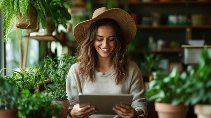 This cheerful image showcases a young woman in a straw hat, enjoying her time with a tablet surrounded by lush greenery, embodying a lifestyle of joy, connection, and nature appreciation.