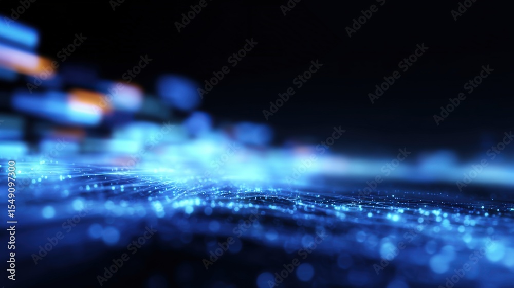Poster Futuristic close up of glowing digital blockchain data points in blue at night