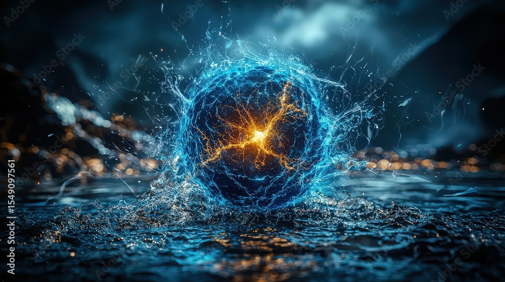 Aufkleber Dynamic energy waves transforming into solid forms mystical waterscape digital art ethereal environment close-up view