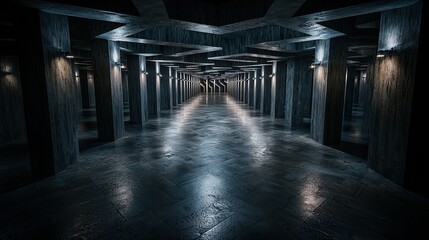 Fototapeta premium Endless labyrinth a sprawling maze in an abandoned space atmospheric design dark ambiance immersive experience