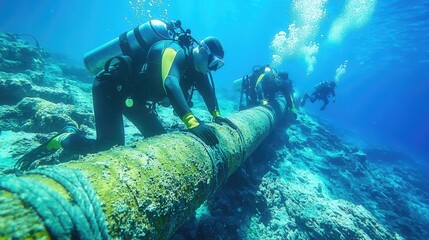 Commercial divers working on large pipeline on ocean floor, performing maintenance and inspection tasks in deep blue sea