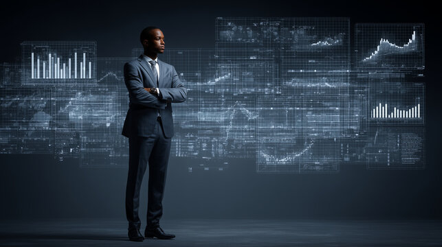 Confident businessman with virtual graphs and digital data on dark background, representing innovation in business and financial leadership executive analytics, futuristic finance,