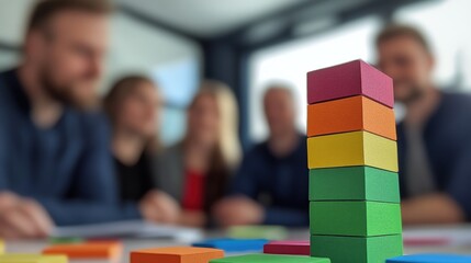 Group of diverse people playing colorful tower stacking game in bright meeting room