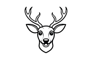 Black outline of a deer's face and antlers looks forward on white