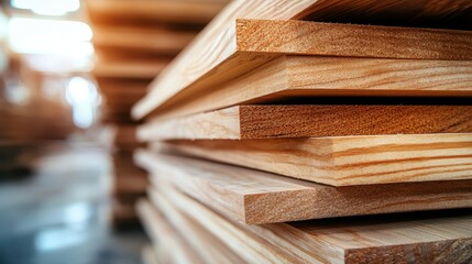 An artistic perspective of stacked wood planks beautifully showcases their natural grain texture and warm tones, embodying craftsmanship and sustainability in building materials.