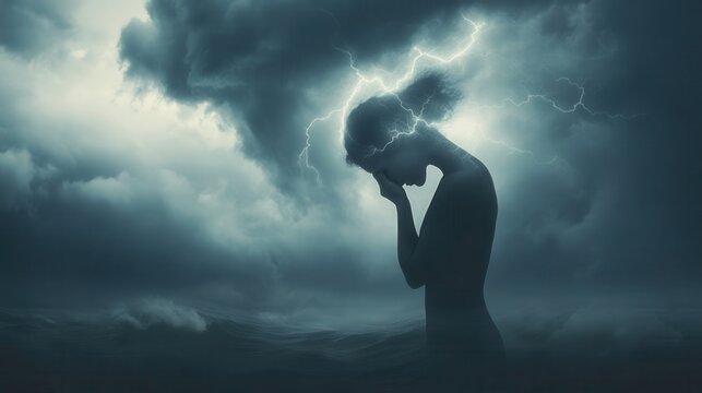 Surreal image of a woman covering her face with her hands, experiencing a mental breakdown, with lightning over her head symbolizing her inner turmoil