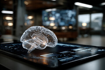 Holographic AI brain displays intricate data above a desk