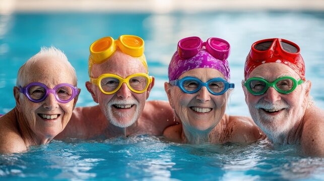 Four joyful elderly friends with colorful swimming goggles happily pose in a swimming pool, capturing a moment of fun and friendship during a lively summer day.