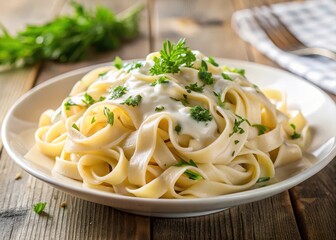Richly colored creamy fettuccine alfredo garnished with fresh parsley and dill