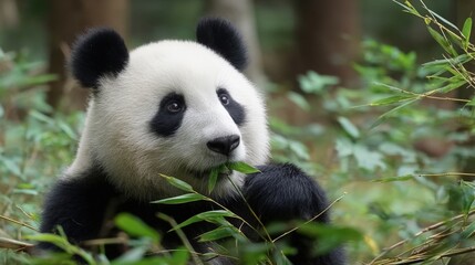 Obraz premium Close-up of a Young Baby Panda Sitting in Green Forested Environment Drinking Bamboo Water