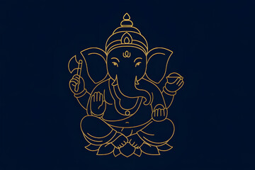 Elegant gold Ganesha line art on dark blue background, luxury spiritual concept. Ganesha drawing.