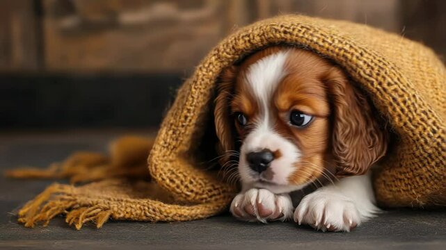 Adorable Cavalier King Charles Spaniel puppy under a cozy knitted throw