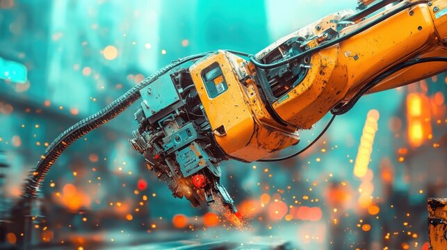 An advanced yellow robotic arm engages in action amidst a vibrant cityscape, representing the intersection of technology and urban life in a dynamic environment.