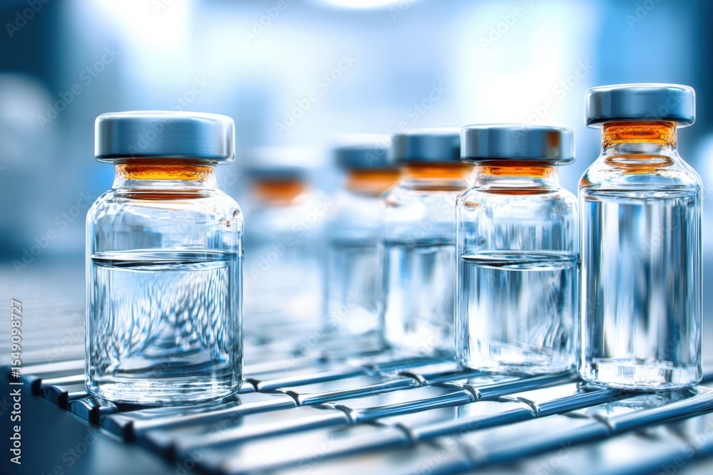 Aufkleber multiple glass vaccination vials arranged on metal rack in laboratory setting with blue background