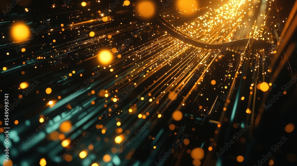 Poster Luminous fiber optic cables creating a glowing web of light in a dark space abstract technology environment