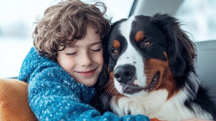 A young boy with curly hair smiles happily while hugging his pet dog in a car, showcasing their warm and loving connection in a cozy environment during winter.