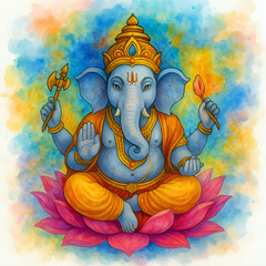 Lord Ganesha sitting on lotus flower, digital watercolor style, vibrant and spiritual aesthetic. Ganesha drawing.