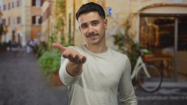 Young hispanic man extending hand with a welcoming smile on a city street with blurred buildings and bike in the background suggesting an outdoor urban atmosphere.