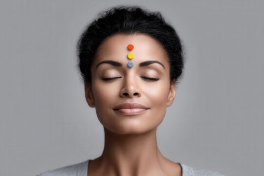 Calm woman with closed eyes and colorful stones on her forehead conveying peace and serenity in a minimalist setting highlighting mindfulness and holistic wellness practices