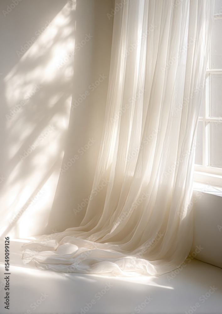 Poster bright sunlight streaming through sheer curtains onto a ill creating soft shadows and warm glow