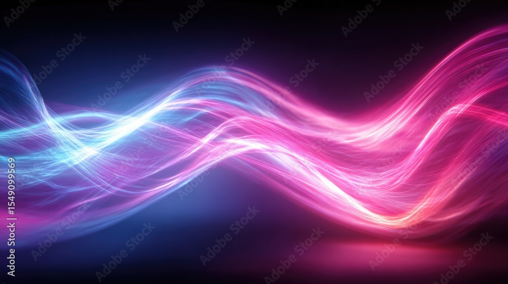 Poster vibrant abstract light waves in neon colors flowing through dark background