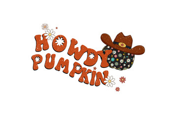Howdy pumpkin with cowboy hat and flowers isolated on transparent background
