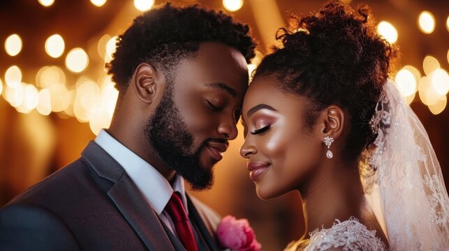 A joyful bride and groom share an intimate wedding moment, their foreheads touching amid soft glowing bokeh lights, capturing the essence of love and commitment beautifully.