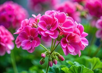 Vibrant pink geranium blooms form a lush and delicate inflorescence with intricate flower clusters and slender stems