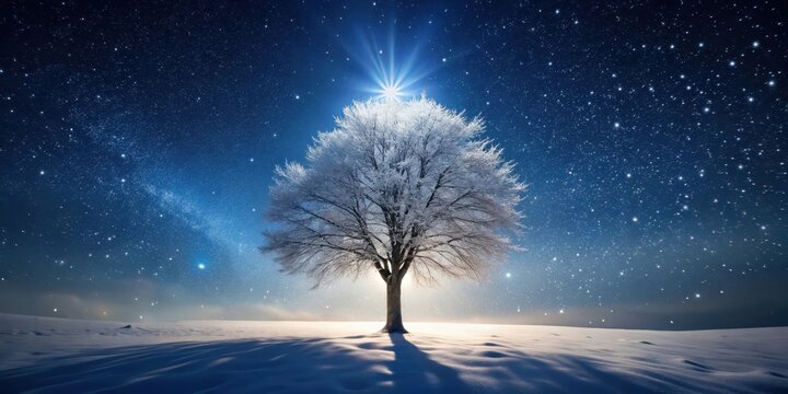 A lone tree stands tall in a winter wonderland illuminated by a brilliant spotlight shining through the snowflakes in the night sky