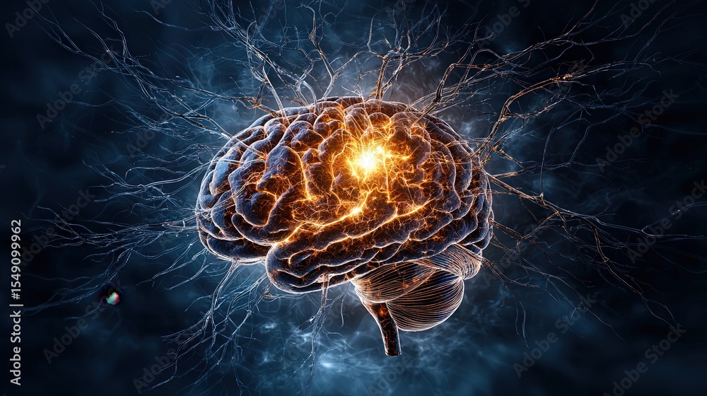 Poster living neurons glow with energy in the brain science visualization digital art dark environment clos