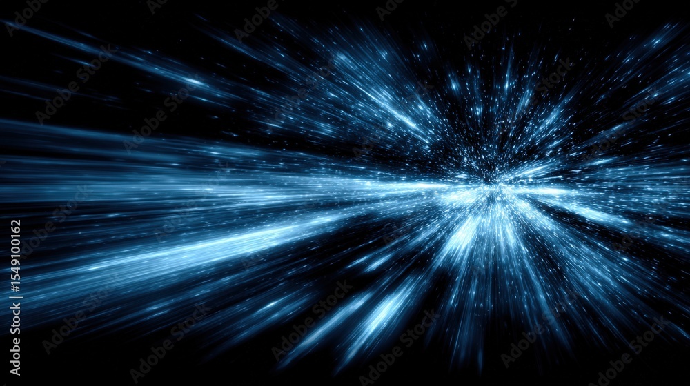 Poster dynamic motion blur of bright blue light streaks extending outward in space