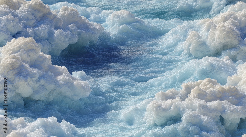 Poster wide shot view of ocean waves crashing with extensive foam and turbulent water scene