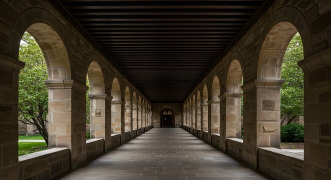 "Historic stone corridor with arched columns in a classical academic setting."