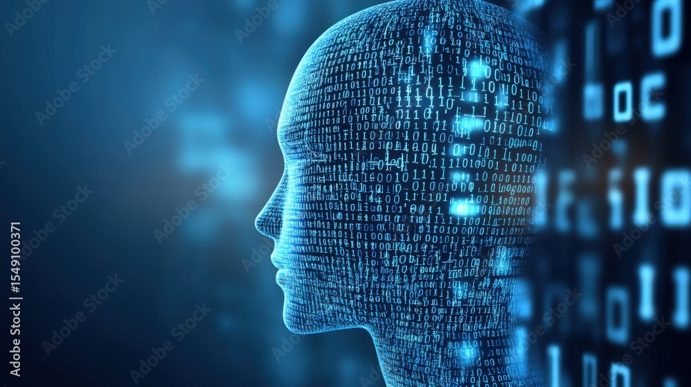 Aufkleber Futuristic digital human head profile with binary code and holographic data visualization