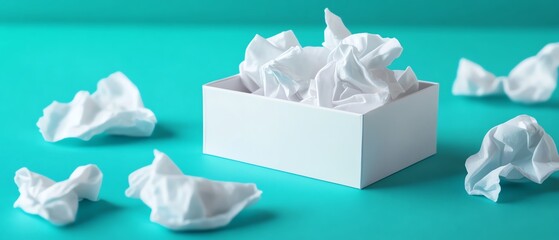Crumbled papers in a stylish box on a table.