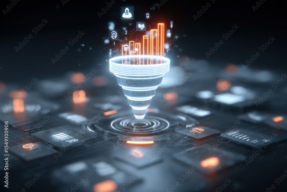Aufkleber futuristic technology concept of data funnel with glowing bar chart and icons