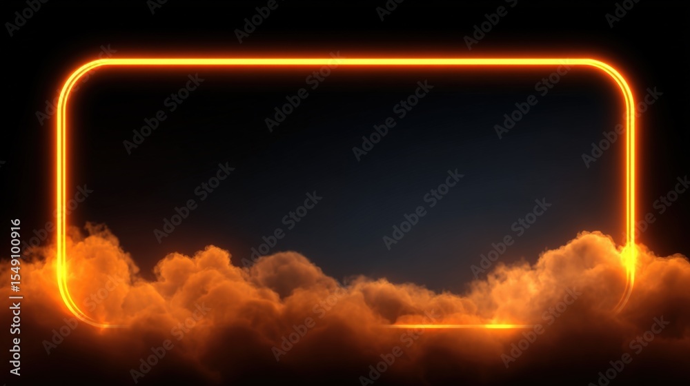 Poster neon glowing rectangular frame with bright orange cloud design on dark background