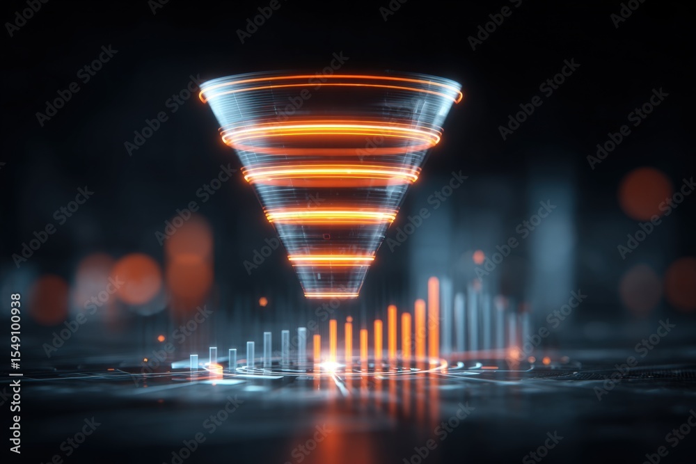 Poster Futuristic vortex of glowing lines and bars with digital data visualization