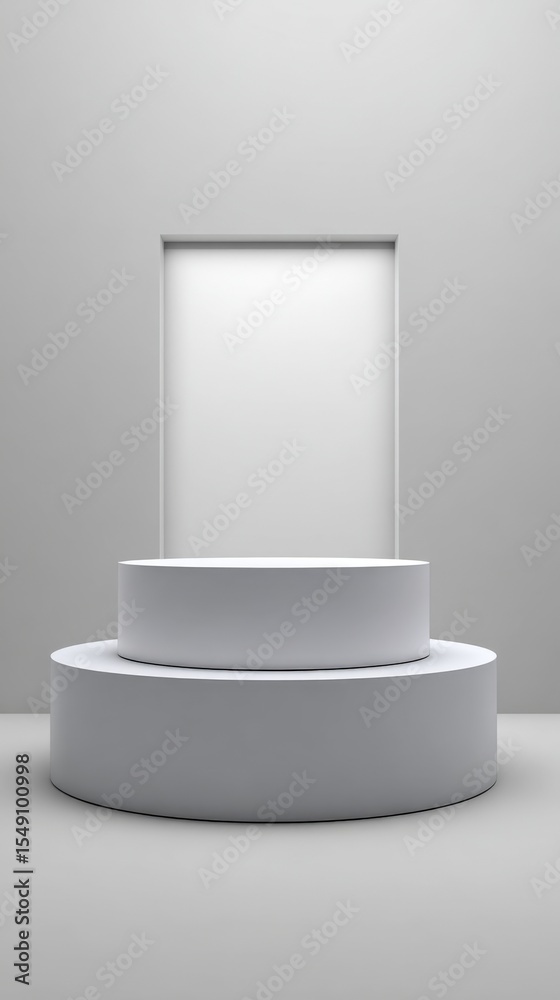 Aufkleber Minimalist white stage with elevated circular platform and blank backdrop in modern setting