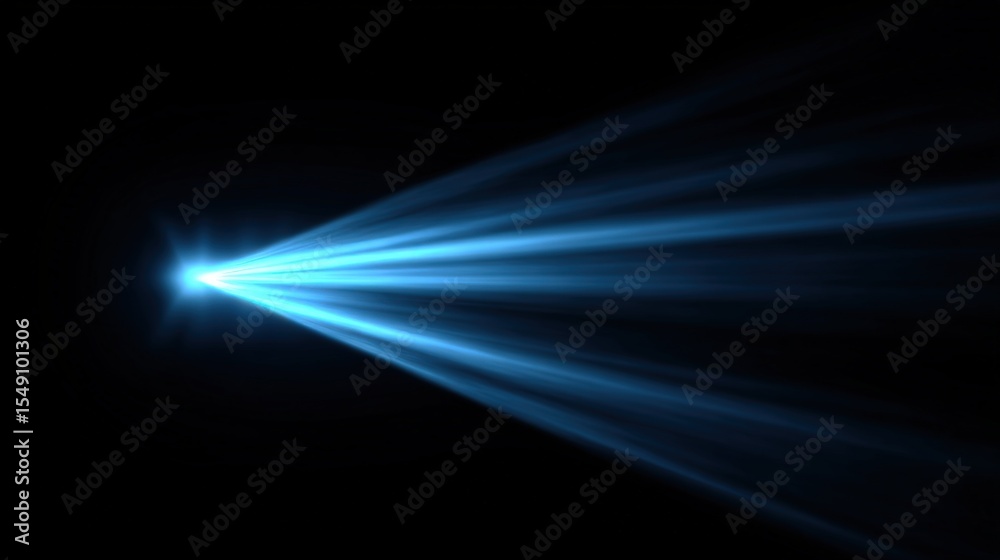 Poster bright blue light beams emanating from a single point creating dynamic streaks in a dark background