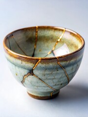 Hand-painted ceramic raku bowl with visible seams and repaired cracks using traditional kintsugi technique
