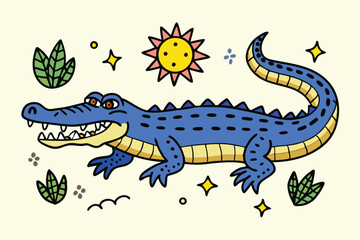 Cartoon blue crocodile surrounded by stars, a sun, and greenery on a light background
