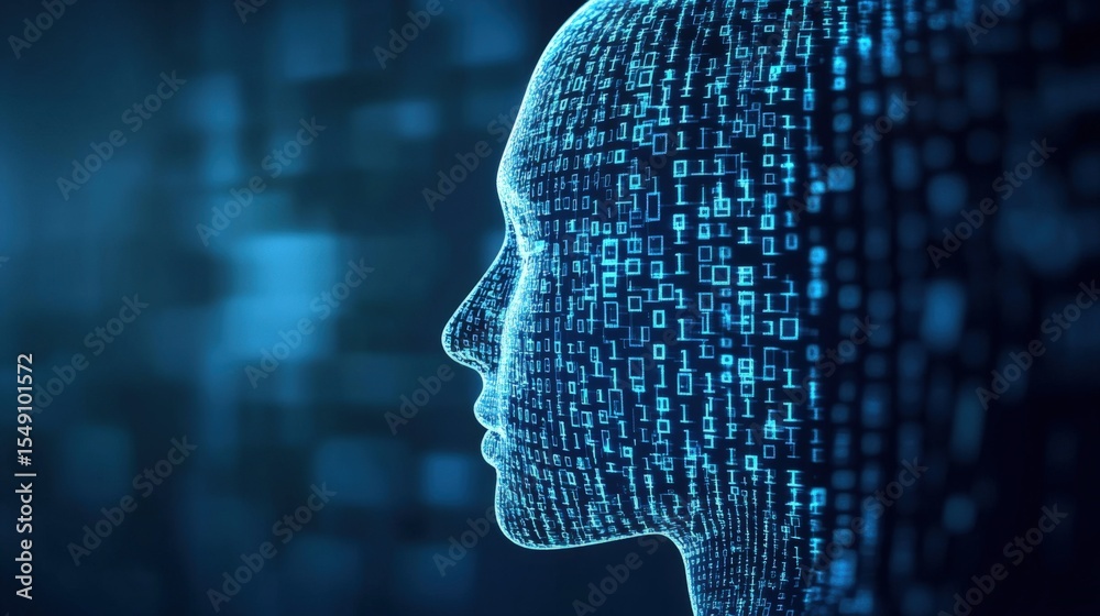 Aufkleber Futuristic digital human profile with data and binary code in blue theme