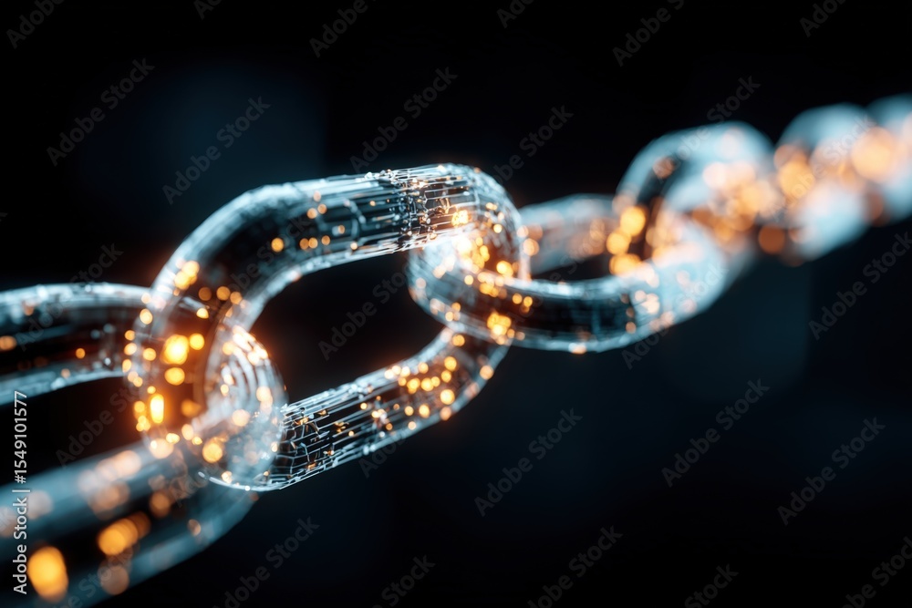 Poster Close-up of a glowing digital chain with bright illuminated links and high contrast background
