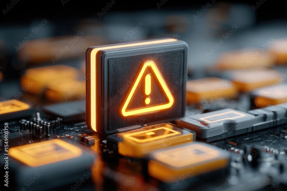 Poster Close-up of illuminated warning icon on circuit board with electronic components and technology background