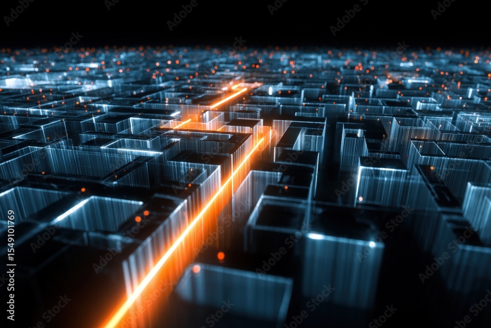 Poster futuristic digital cityscape with glowing illuminated pathways and neon lights