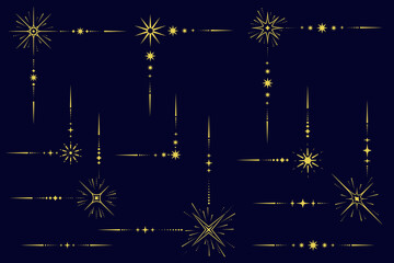 Celestial magic borders. Mystic ornament with sun and stars. Astrology corner element and elegant divider with spiritual symbols. Vector vintage decorations with esoteric signs.